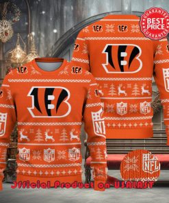 Nfl Cincinnati Bengals Logo Reindeer Pine Trees Christmas Ugly Sweater