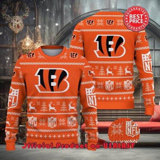 Nfl Cincinnati Bengals Logo Reindeer Pine Trees Christmas Ugly Sweater