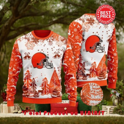 Nfl Cleveland Browns Special Logo Snowflake Reindeer White Orange Christmas Ugly Sweater