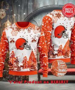 Nfl Cleveland Browns Special Logo Snowflake Reindeer White Orange Christmas Ugly Sweater