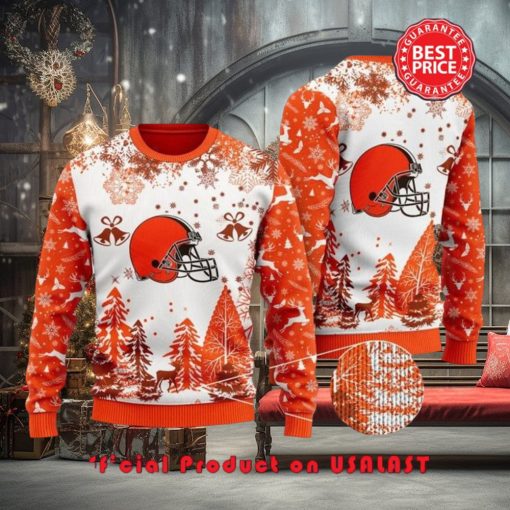 Nfl Cleveland Browns Special Logo Snowflake Reindeer White Orange Christmas Ugly Sweater