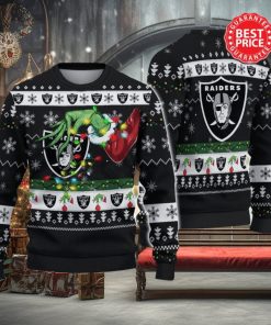 Nfl Las Vegas Raiders Logo Grinch Hand Christmas Ugly Sweater