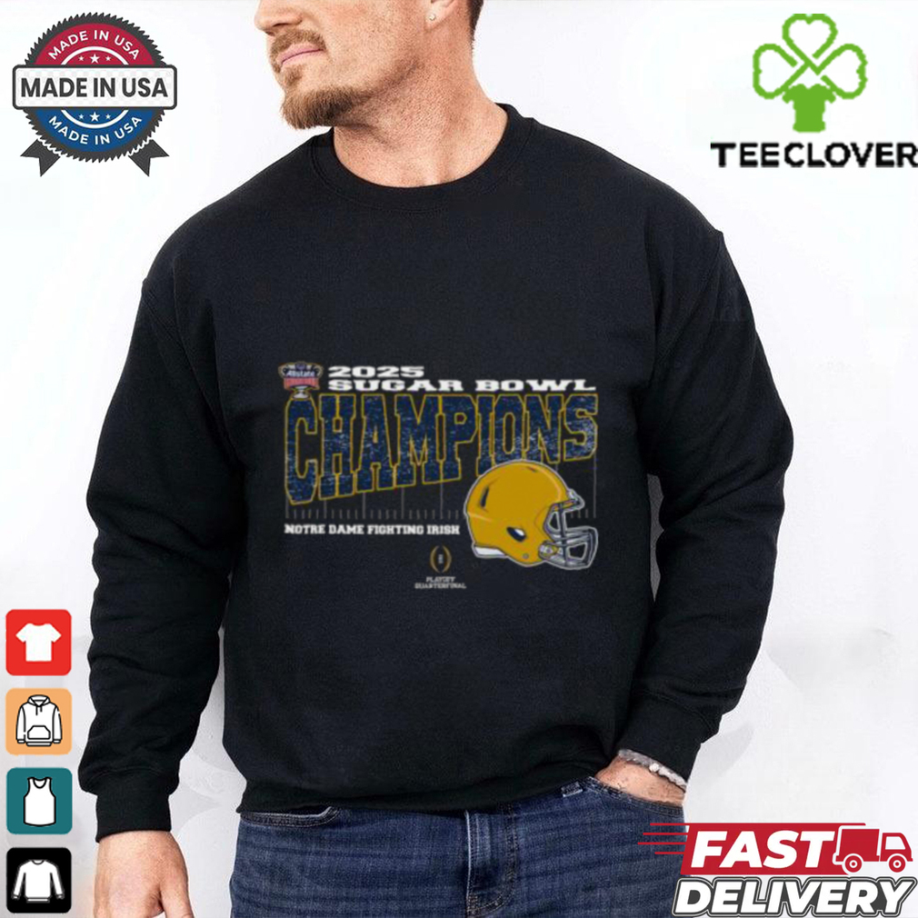 Notre Dame Fighting Irish 2025 Sugar Bowl Champions College Football Playoff Quarterfinal Vintage Style With Helmet Unisex T Shirt Notre Dame Fighting Irish 2025 Sugar Bowl Champions College Football Playoff Quarterfinal Vintage Style With Helmet Unisex T Shirt