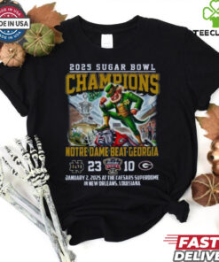 Notre Dame Fighting Irish Beat Georgia Football 2025 Sugar Bowl Champions T-Shirt with a celebratory design, perfect for Fighting Irish fans.