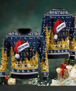 Notre Dame Fighting Irish NCAA Santa Claus Hat Ho Ho Ho 3D Custom Name Ugly Christmas Sweater