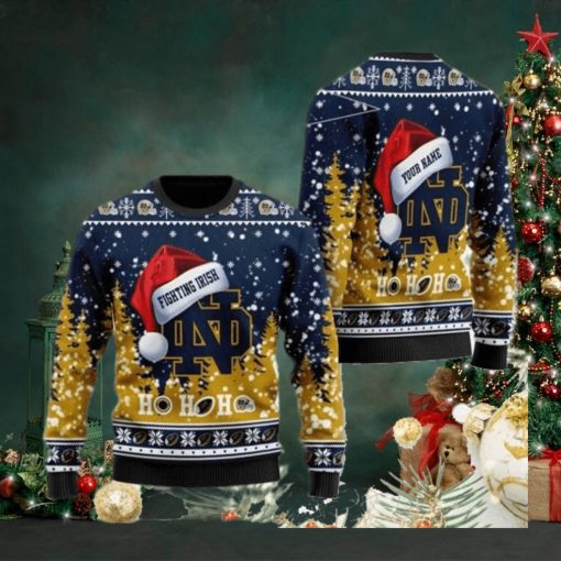 Notre Dame Fighting Irish NCAA Santa Claus Hat Ho Ho Ho 3D Custom Name Ugly Christmas Sweater