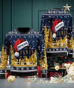 Notre Dame Fighting Irish NCAA Santa Claus Hat Ho Ho Ho 3D Custom Name Ugly Christmas Sweater