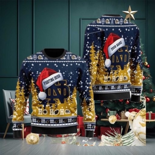 Notre Dame Fighting Irish NCAA Santa Claus Hat Ho Ho Ho 3D Custom Name Ugly Christmas Sweater