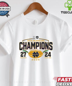 Notre Dame Fighting Irish Playoff 2025 Orange Bowl Champions Shirt featuring a bold design that commemorates the team's victory in the Orange Bowl. Show your pride for the Fighting Irish and their incredible achievement with this stylish, championship apparel.