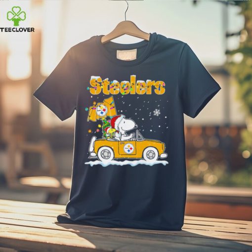 Happy Merry Christmas Snoopy drive a car Pittsburgh Steelers logo flag gift hoodie, sweater, longsleeve, shirt v-neck, t-shirt