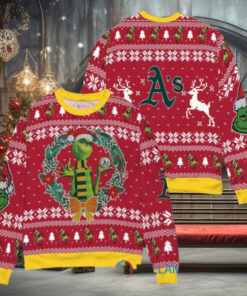 Oakland Athletics x Grinch Dr. Seuss How the Grinch Stole Christmas MLB with World Series Trophy Ugly Christmas Sweater Red