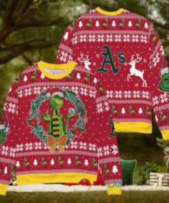 Oakland Athletics x Grinch Dr. Seuss How the Grinch Stole Christmas MLB with World Series Trophy Ugly Christmas Sweater Red