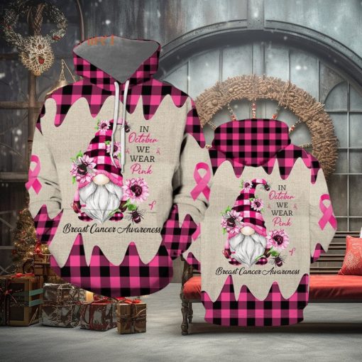 October I Wear Pink Gnome Breast Cancer Awareness 3d All Over Print Hoodie