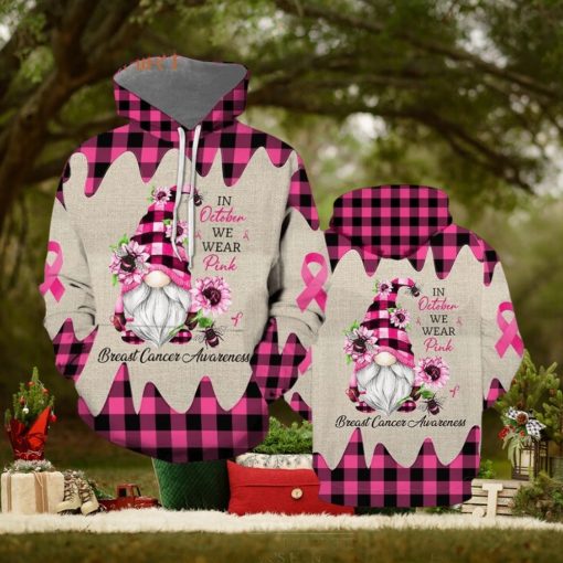 October I Wear Pink Gnome Breast Cancer Awareness 3d All Over Print Hoodie