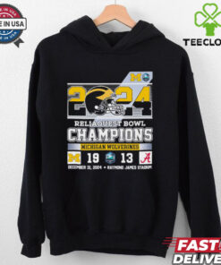 Official 2024 ReliaQuest Bowl Champions Michigan Wolverines T-shirt, best-selling design, unisex fit, Michigan football fan gear, ReliaQuest Bowl championship shirt.
