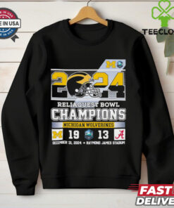 Official 2024 ReliaQuest Bowl Champions Michigan Wolverines T-shirt, best-selling design, unisex fit, Michigan football fan gear, ReliaQuest Bowl championship shirt.