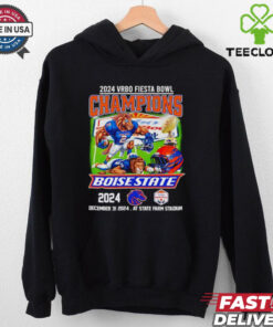 Official 2024 Vrbo Fiesta Bowl Champions Boise State T-shirt, featuring the 2024 mascot design, unisex fit, Boise State football fan gear, Fiesta Bowl championship shirt.