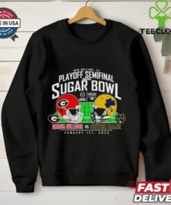 Official 2025 CFP Quarterfinal Sugar Bowl Georgia Bulldogs vs Notre Dame T-shirt, featuring bold matchup design, unisex fit, Georgia Bulldogs and Notre Dame fan gear, Sugar Bowl event shirt.