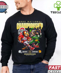 The **Official 2025 National Championship Ohio State Buckeyes vs. Notre Dame Fighting Irish Mascots Mercedes Benz Stadium Shirt** celebrates the epic clash between two powerhouse teams in the 2025 National Championship. Featuring mascot designs for both Ohio State and Notre Dame, this shirt is perfect for fans of both teams to show their pride as they gear up for the big game at Mercedes-Benz Stadium!