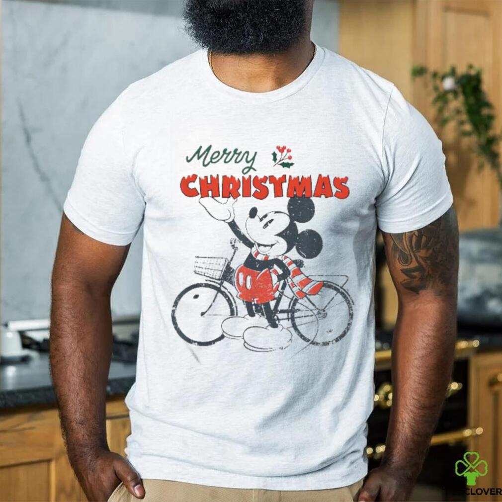Official A Disney Mickey Mouse Merry Christmas Bicycle Retro Distressed T Shirt Official A Disney Mickey Mouse Merry Christmas Bicycle Retro Distressed T Shirt