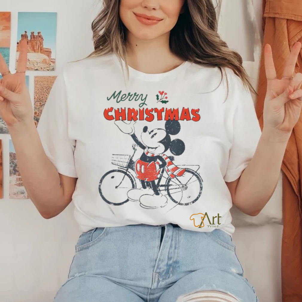 Official A Disney Mickey Mouse Merry Christmas Bicycle Retro Distressed T Shirt Official A Disney Mickey Mouse Merry Christmas Bicycle Retro Distressed T Shirt
