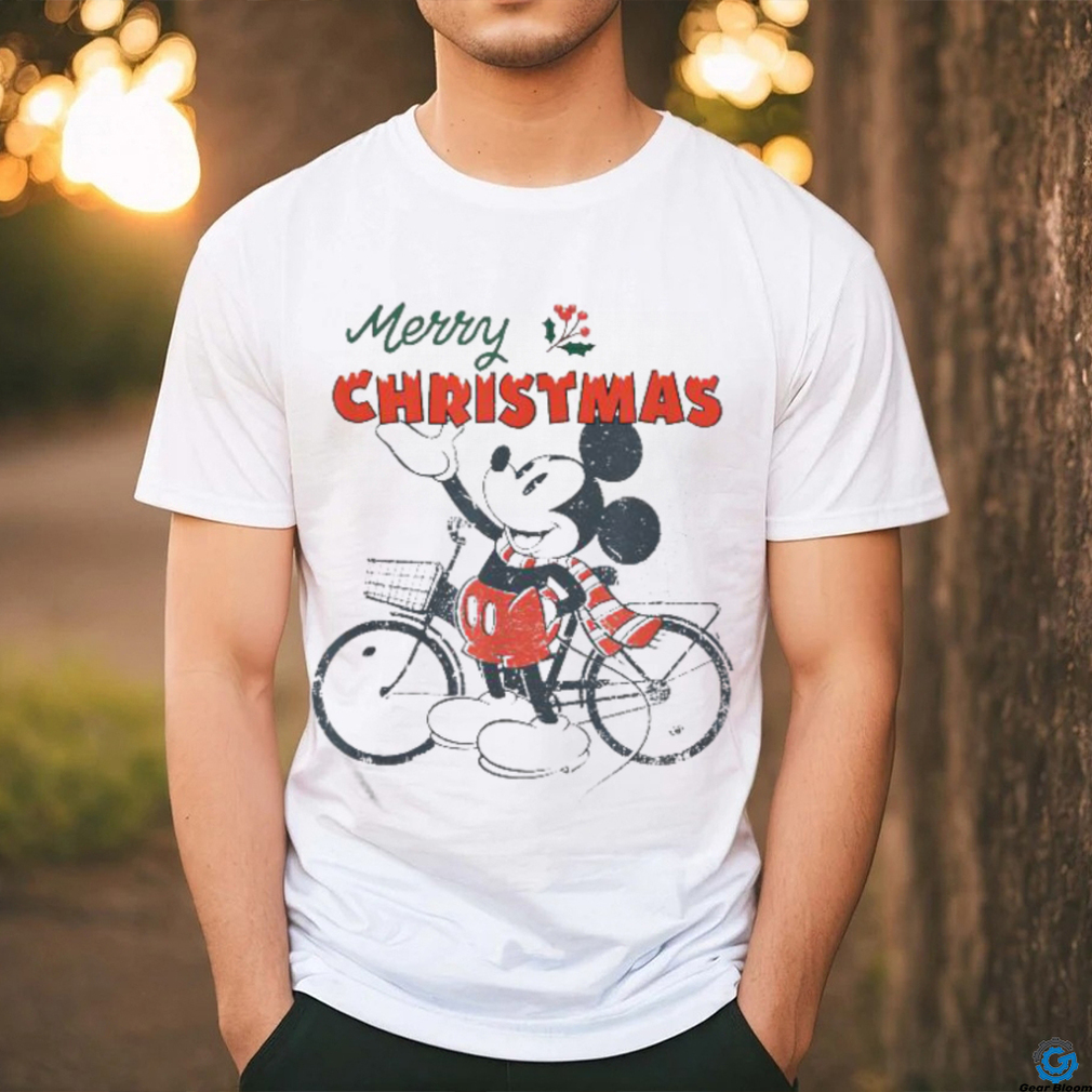Official A Disney Mickey Mouse Merry Christmas Bicycle Retro Distressed T Shirt Official A Disney Mickey Mouse Merry Christmas Bicycle Retro Distressed T Shirt
