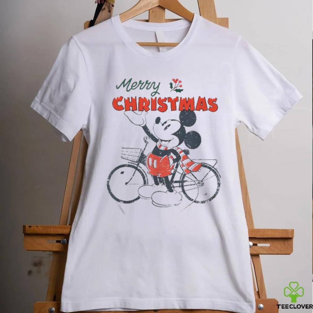 Official A Disney Mickey Mouse Merry Christmas Bicycle Retro Distressed T Shirt Official A Disney Mickey Mouse Merry Christmas Bicycle Retro Distressed T Shirt