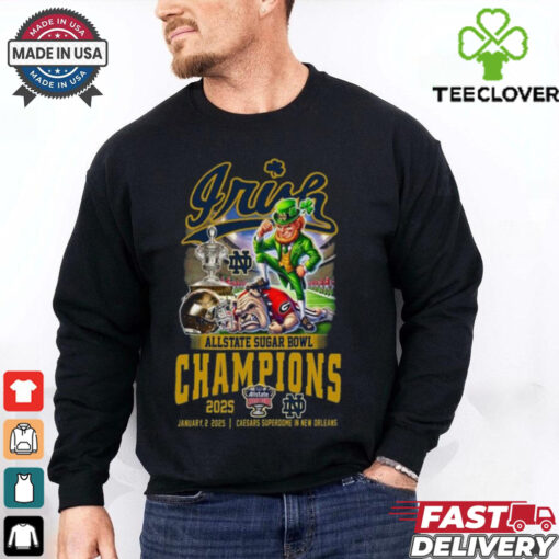 Official Allstate Sugar Bowl 2025 Notre Dame Fighting Irish Champions January 2 2025 Caesars Superdome In New Orleans Mascot Shirt