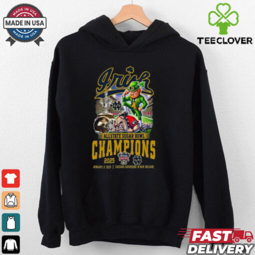 Official Allstate Sugar Bowl 2025 Notre Dame Fighting Irish Champions January 2 2025 Caesars Superdome In New Orleans Mascot Shirt