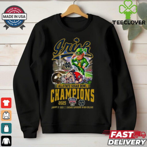 Official Allstate Sugar Bowl 2025 Notre Dame Fighting Irish Champions January 2 2025 Caesars Superdome In New Orleans Mascot Shirt