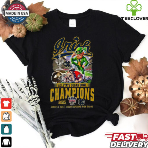 Official Allstate Sugar Bowl 2025 Notre Dame Fighting Irish Champions January 2 2025 Caesars Superdome In New Orleans Mascot Shirt