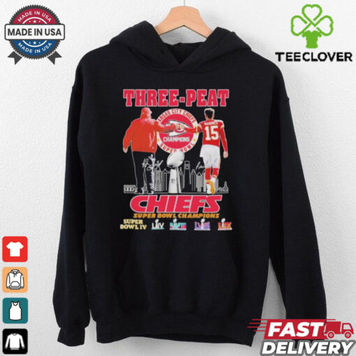 Official Andy Reid X Patrick Mahomes Kansas City Chiefs Three Peat Super Bowl Champions T shirts