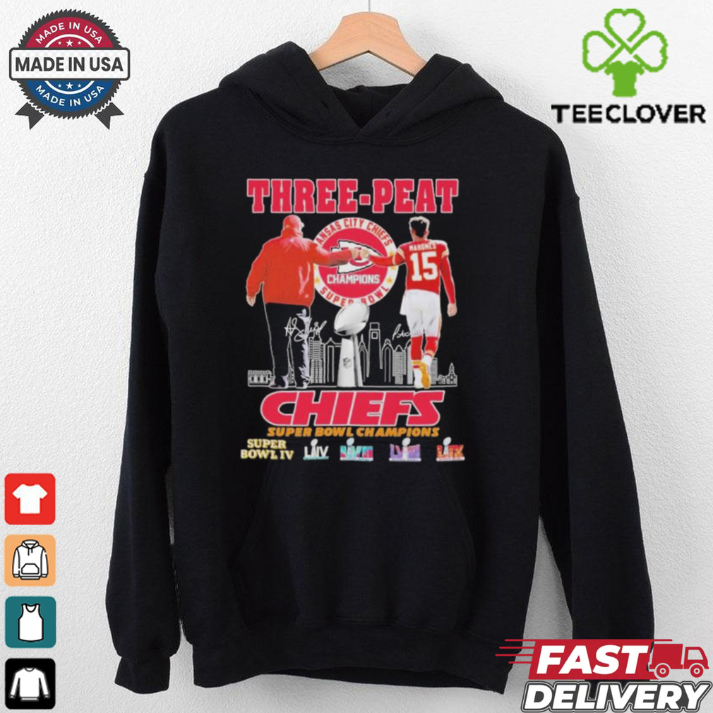 Official Andy Reid X Patrick Mahomes Kansas City Chiefs Three Peat Super Bowl Champions T shirts Official Andy Reid X Patrick Mahomes Kansas City Chiefs Three Peat Super Bowl Champions T shirts