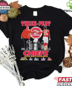 Official Andy Reid X Patrick Mahomes Kansas City Chiefs Three Peat Super Bowl Champions T shirts