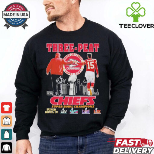 Official Andy Reid X Patrick Mahomes Kansas City Chiefs Three Peat Super Bowl Champions T shirts