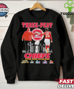 Official Andy Reid X Patrick Mahomes Kansas City Chiefs Three Peat Super Bowl Champions T shirts