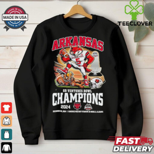Official Arkansas State Red Wolves 68 Ventures Bowl Champions December 26, 2024 Hancock Whitney In Mobile, Alabama Mascot T Shirt