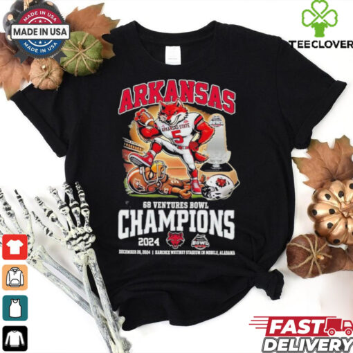 Official Arkansas State Red Wolves 68 Ventures Bowl Champions December 26, 2024 Hancock Whitney In Mobile, Alabama Mascot T Shirt