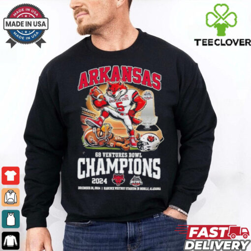 Official Arkansas State Red Wolves 68 Ventures Bowl Champions December 26, 2024 Hancock Whitney In Mobile, Alabama Mascot T Shirt