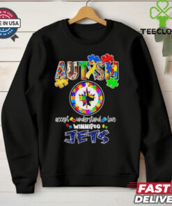 Official Autism Accept Understand Love Winnipeg Jets T-shirt, featuring supportive design, unisex fit, Winnipeg Jets fan gear, autism awareness shirt.