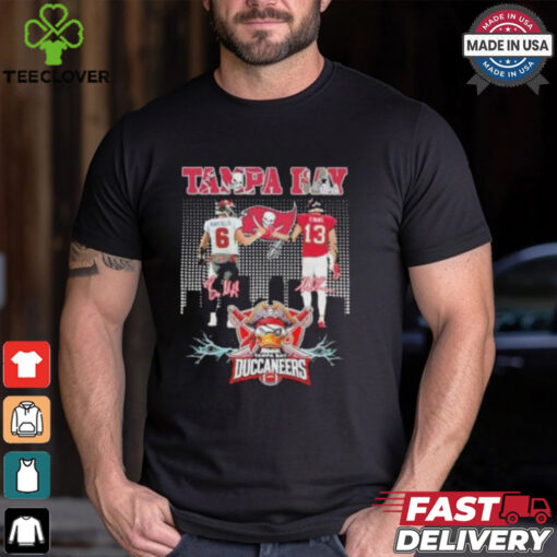 Official Baker Mayfield and 13 Evans Tampa Bay Buccaneers Skyline Signatures T shirt