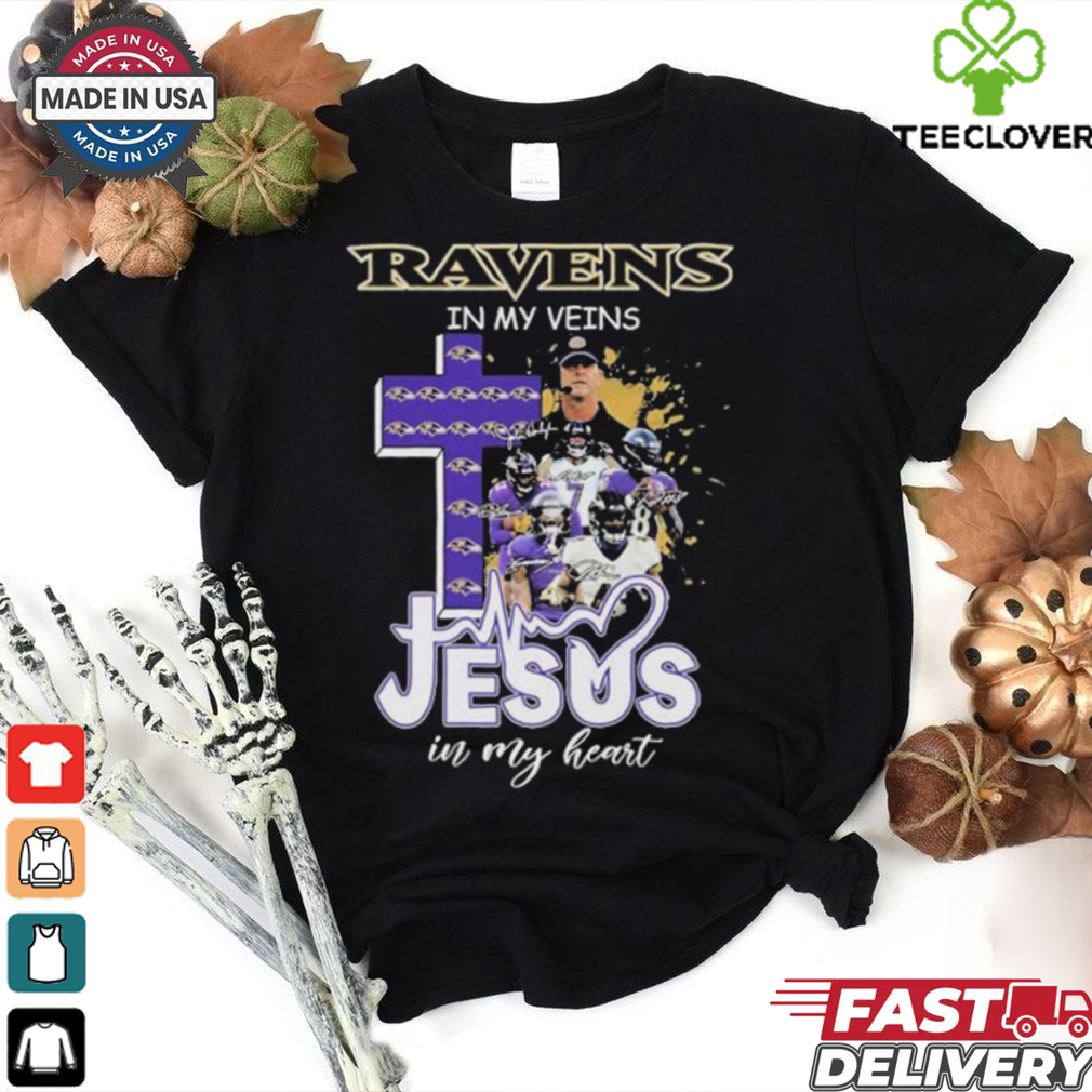 Official Baltimore Ravens In My Veins Jesus In My Heart Coach And Players Cross Signatures T shirts Official Baltimore Ravens In My Veins Jesus In My Heart Coach And Players Cross Signatures T shirts