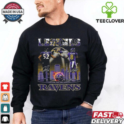 Official Baltimore Ravens Ray Lewis x Lamar Jackson Legends Signatures Skyline Shirt