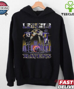 Official Baltimore Ravens Ray Lewis x Lamar Jackson Legends Signatures Skyline Shirt, featuring autographs of both legendary players and a skyline design. Perfect for fans celebrating the iconic careers of Ray Lewis and Lamar Jackson.