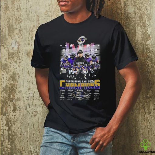 Official Baltimore Ravens Super Bowl LVIII 2024 Champions Signatures T Shirt