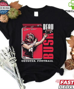 Official Beau Bush Illustrated South Dakota Coyotes Football Graphic Signature T-shirt featuring a unique illustrated design of Beau Bush, along with his signature, celebrating his contributions to the South Dakota Coyotes football team.