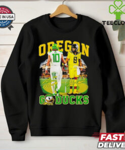Official Bo Nix and Dillon Gabriel Oregon Ducks Go Ducks Signatures Shirt with a commemorative design featuring both players' signatures, perfect for Ducks fans.