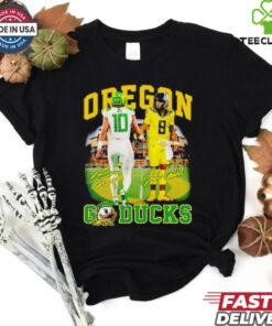 Official Bo Nix and Dillon Gabriel Oregon Ducks Go Ducks Signatures Shirt with a commemorative design featuring both players' signatures, perfect for Ducks fans.