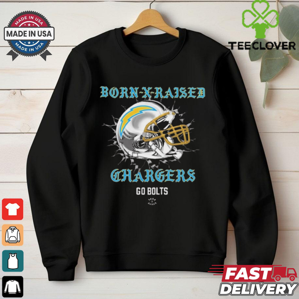 Official Born X Raised Los Angeles Chargers Go Bolts Helmet t shirt Official Born X Raised Los Angeles Chargers Go Bolts Helmet t shirt