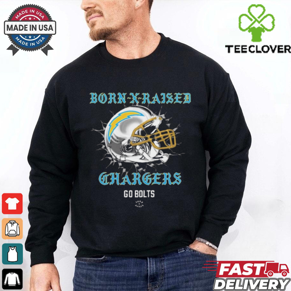 Official Born X Raised Los Angeles Chargers Go Bolts Helmet t shirt Official Born X Raised Los Angeles Chargers Go Bolts Helmet t shirt